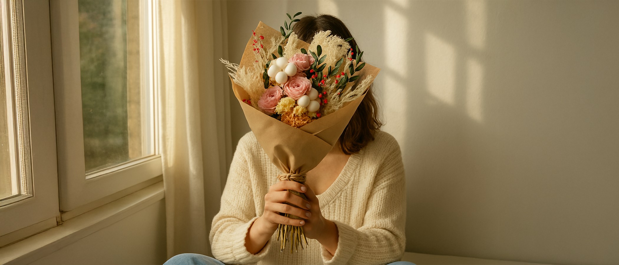 Woman holding a beautiful dried flower bouquet