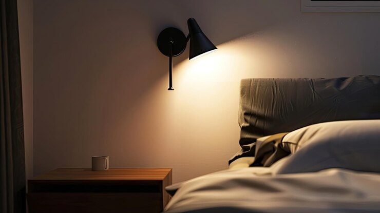 Black conical wall sconce beside a bed creating warm lighting at night