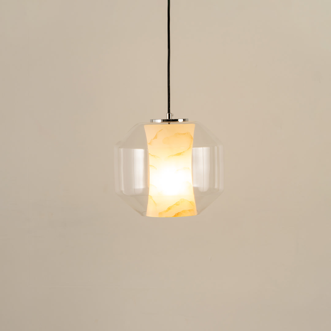 Marble Grain Glass Round Pendant Lamp with elegant veined marble center and clear glass surround