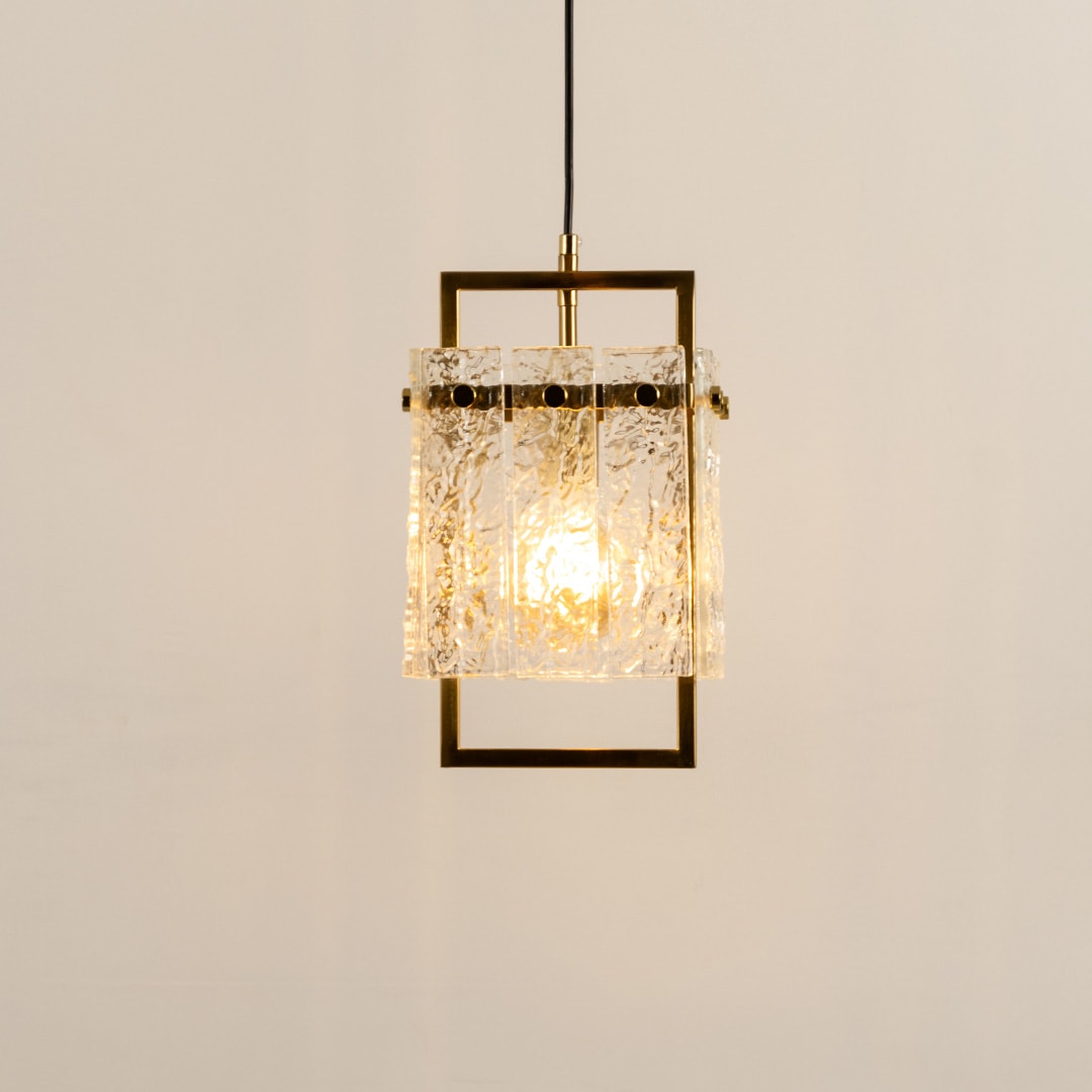 Square Frame Cracked Glass Pendant Light - Gold framed pendant with textured glass