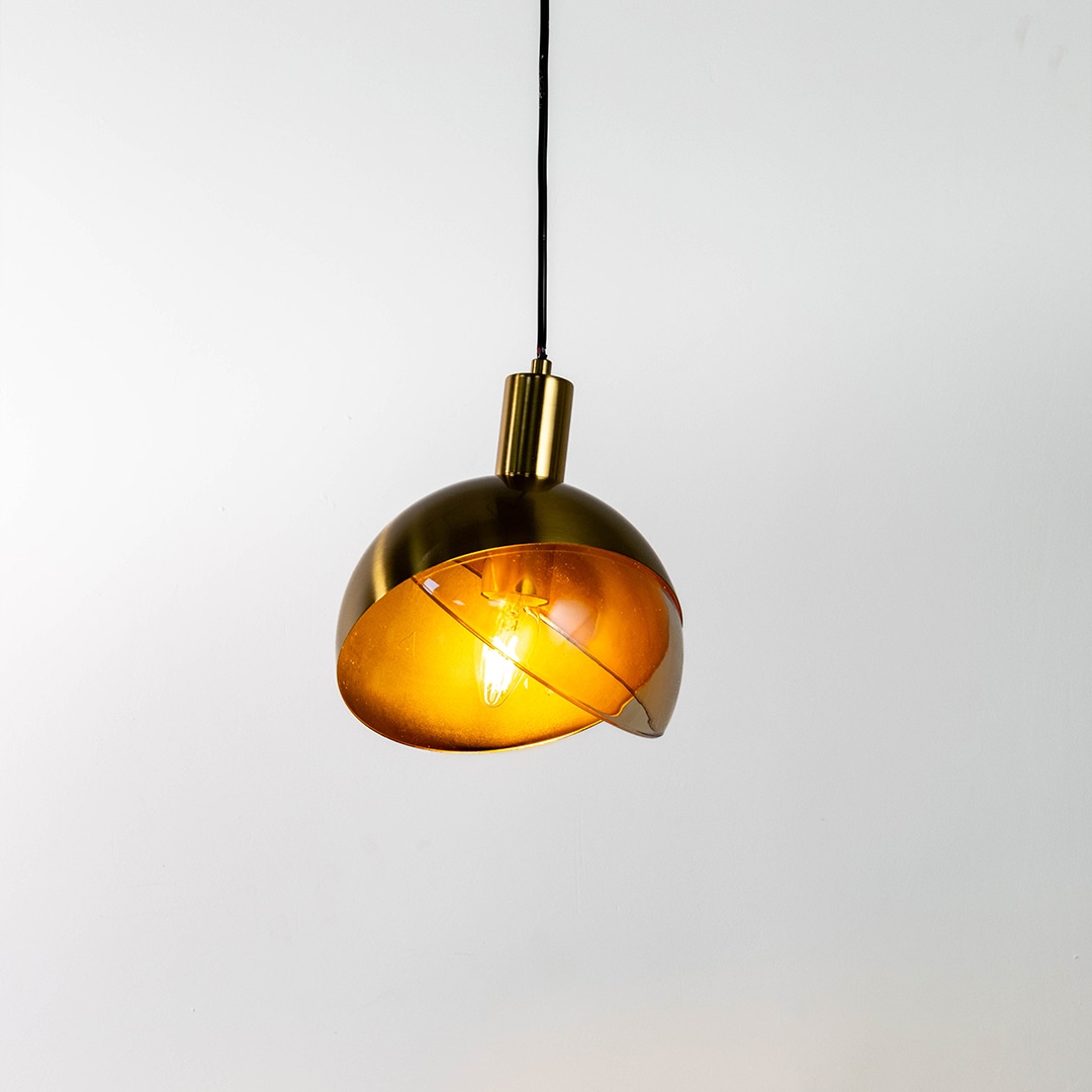 Nordic Style Glass Pendant Lamp - Brass dome pendant with warm amber interior