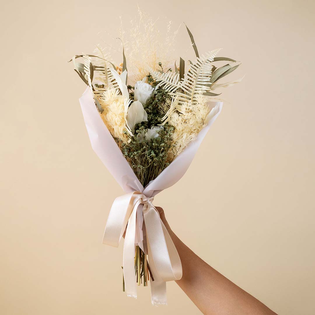 Elegant Cyan Dried Flower Bouquet with white flowers, ferns and pampas grass