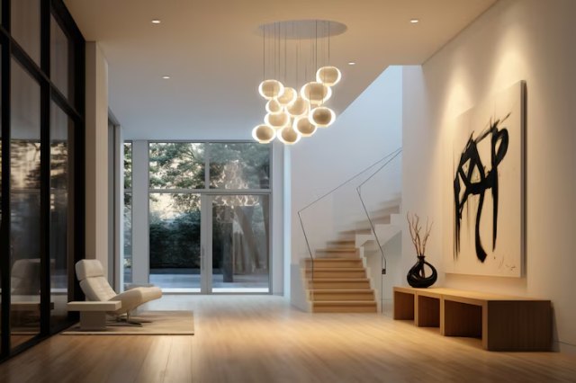 Modern living room with elegant pendant lighting and natural light