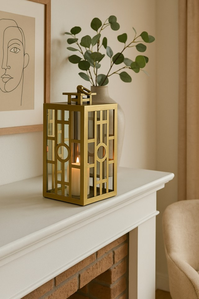 Elegant gold geometric lantern on mantelpiece creating sophisticated indoor ambiance