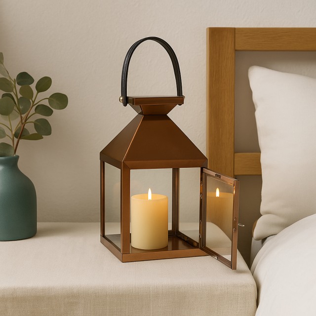 Copper lantern on bedside table creating intimate bedroom ambiance
