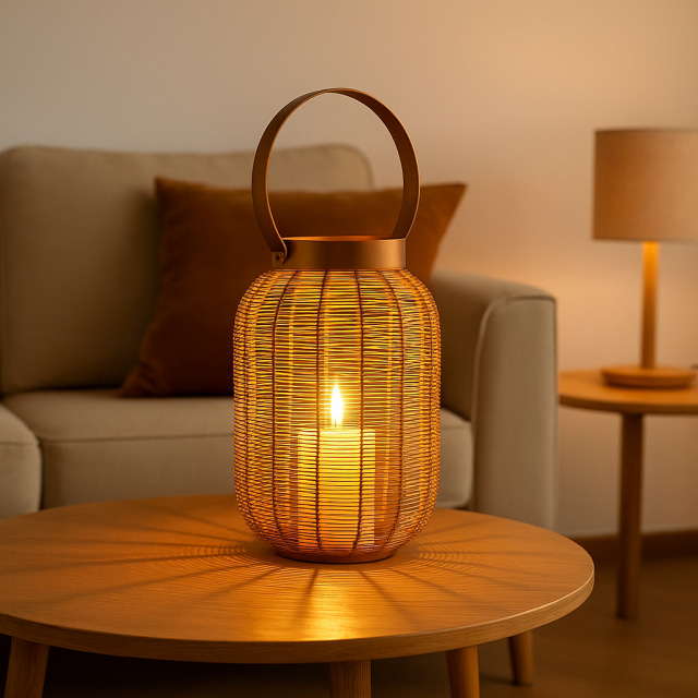 Beautiful wicker lantern creating warm autumn ambiance