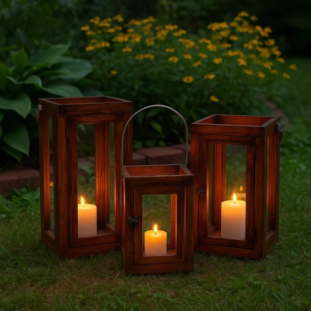 Three different sized wooden lanterns showcasing variety in garden setting