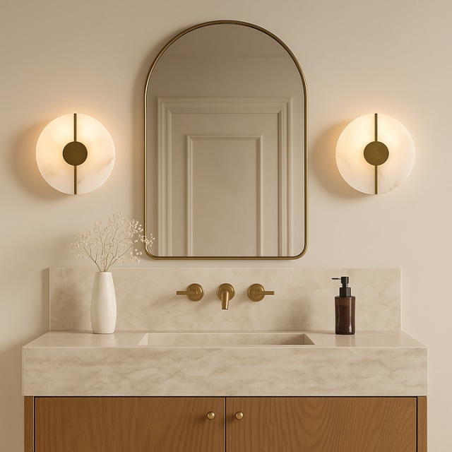 Modern bathroom with elegant alabaster wall sconces and brass fixtures