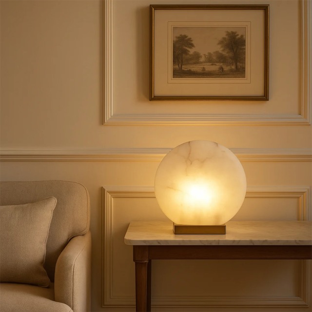 Classic living room with beautiful alabaster table lamp and warm lighting