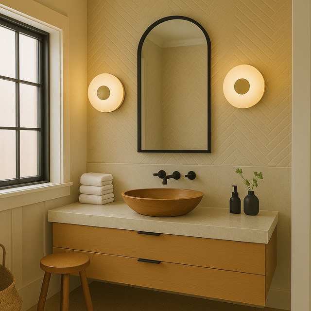 Elegant bathroom with circular wall sconces