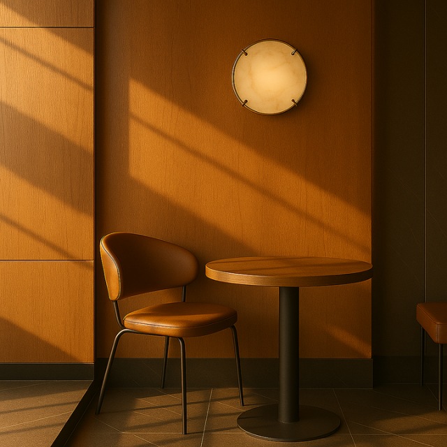 Modern dining area with warm ceiling light