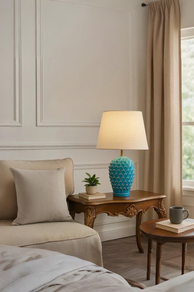 Turquoise ceramic lamp with geometric pattern on side table