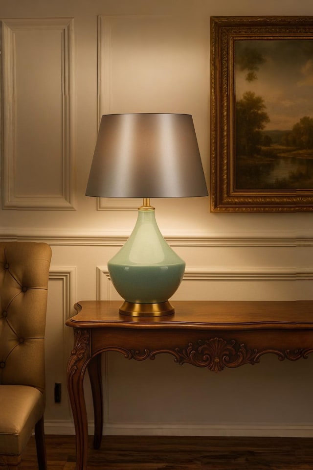 Green ceramic lamp with gradient design on console table