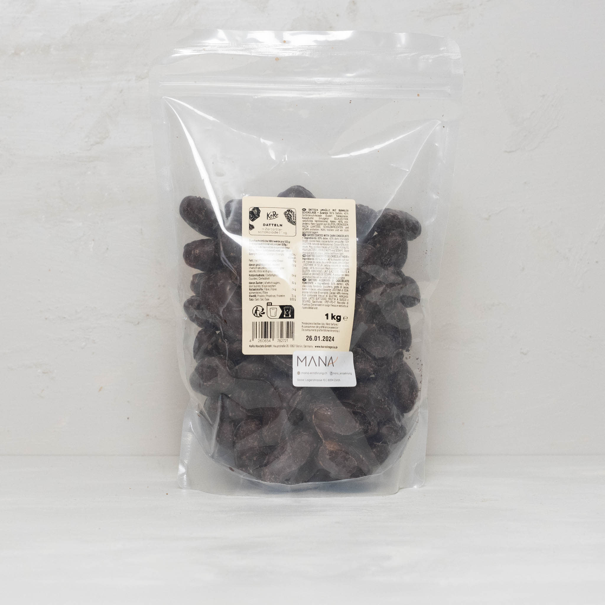 Datteln in Zartbitterschokolade im Beutel