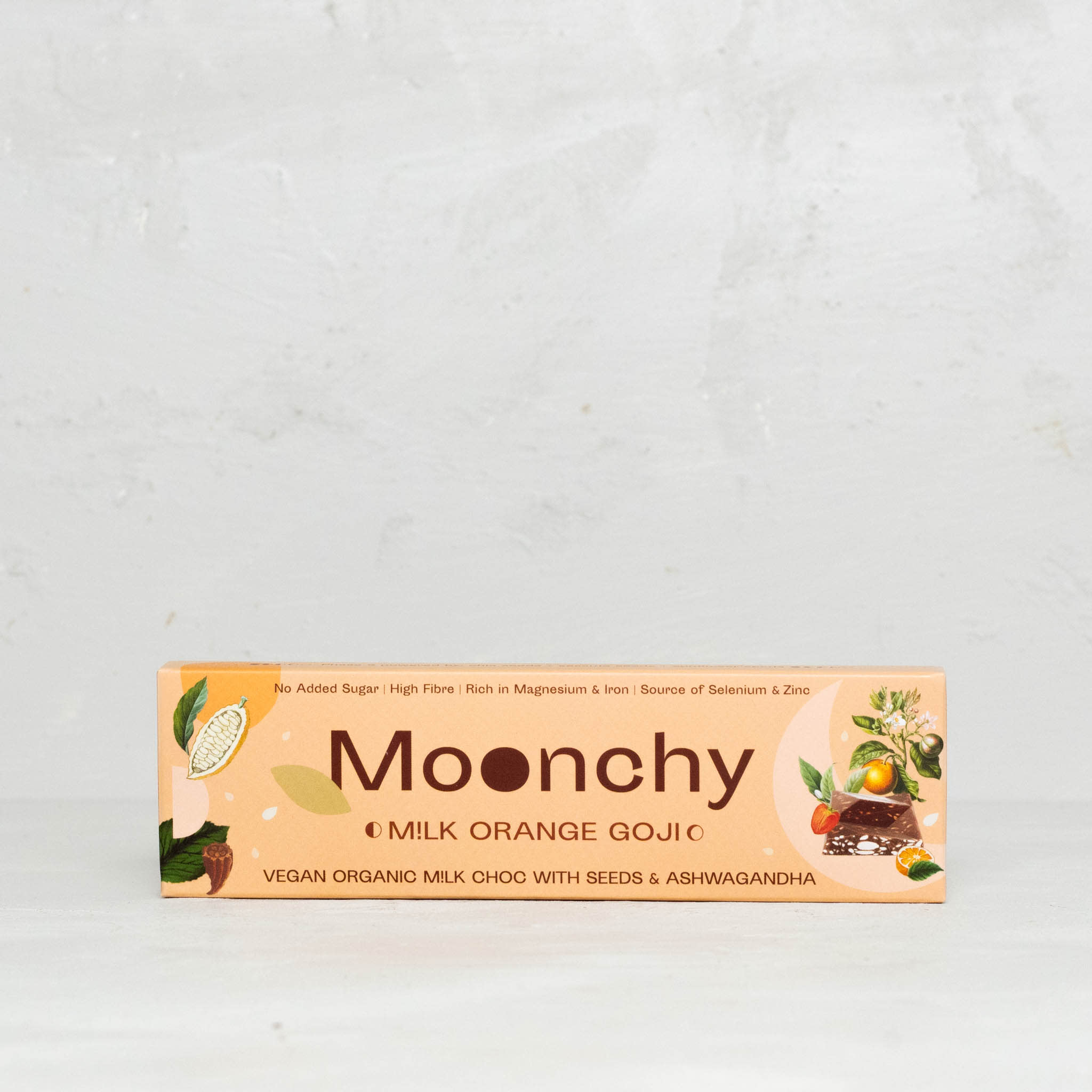Moonchy Schokoriegel, M!lk, Orange, Goji, Vegan, Bio, mit Samen und Ashwagandha