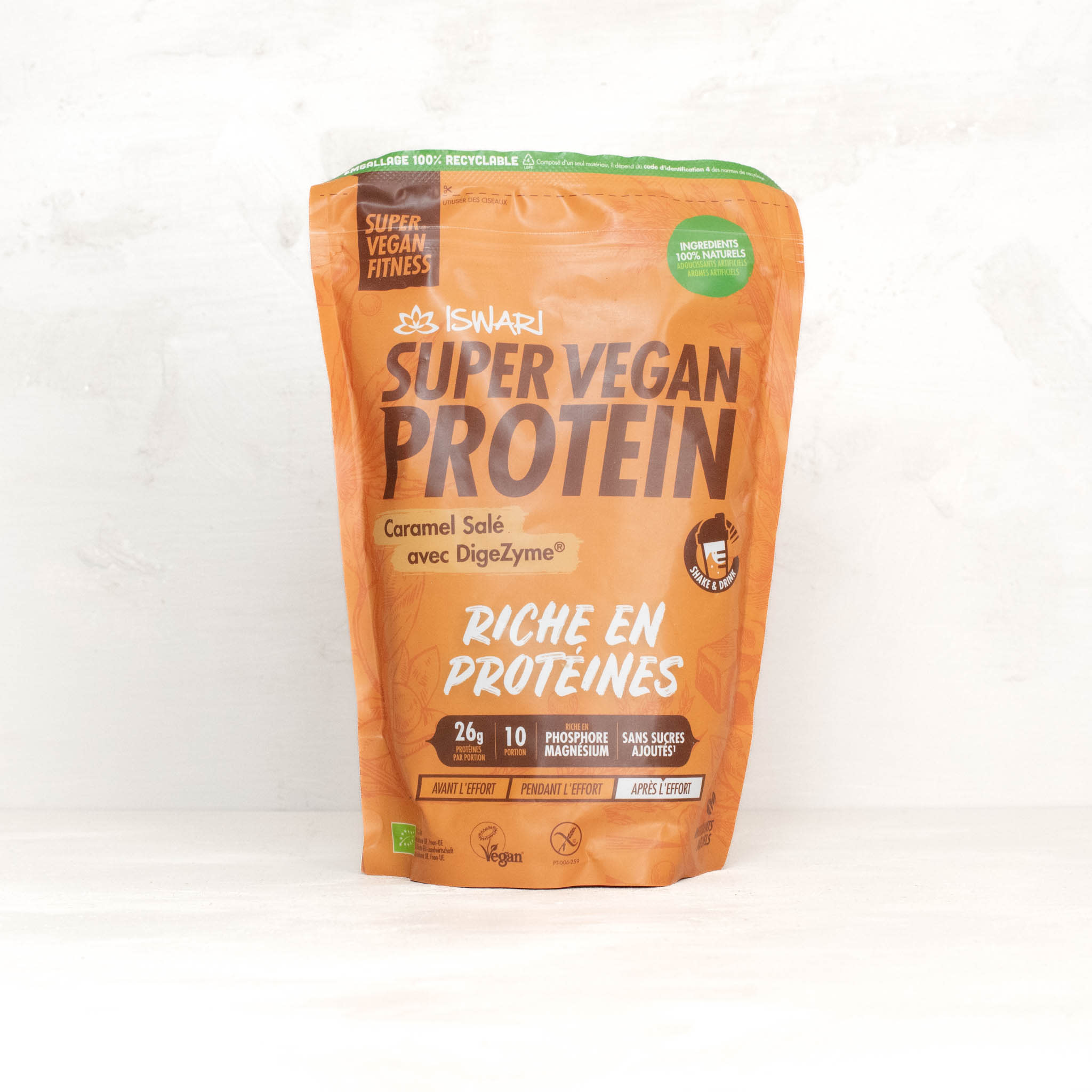 Pflanzliches Proteinpulver mit Caramel und Verdauungsenzyme