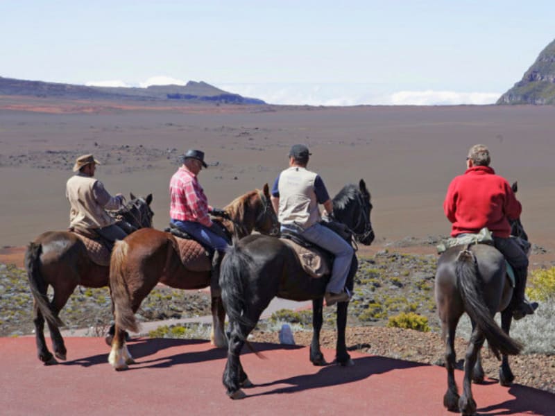 Quatre cavaliers de dos sur un belvédère au sol rouge, face à l'étendue brune de la Plaine des Sables et à son rempart