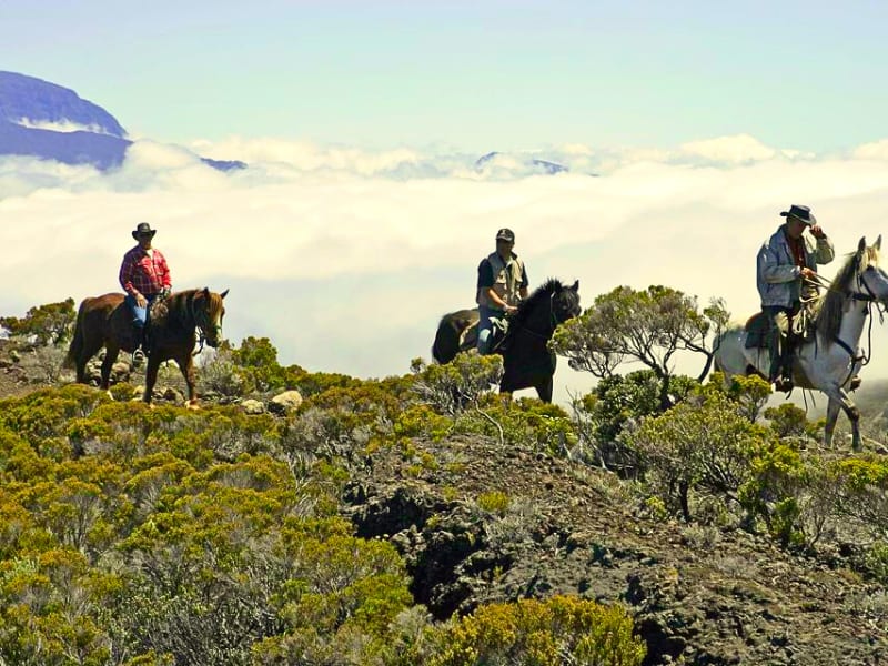 Trois cavaliers à cheval, chapeaux et casques, sur les hauteurs volcaniques du Piton de la Fournaise au-dessus d'une mer de nuages, La Réunion