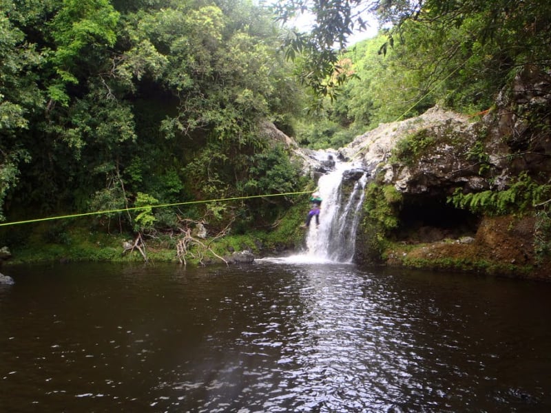 Bassin naturel en aval de la cascade dans le canyon de Bassin Bœuf à Sainte-Suzanne, eau verte calme entourée de végétation luxuriante, La Réunion