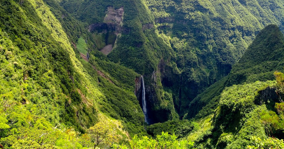 The Trou de Fer waterfall dropping into the Salazie cirque, seen from above, Reunion Island