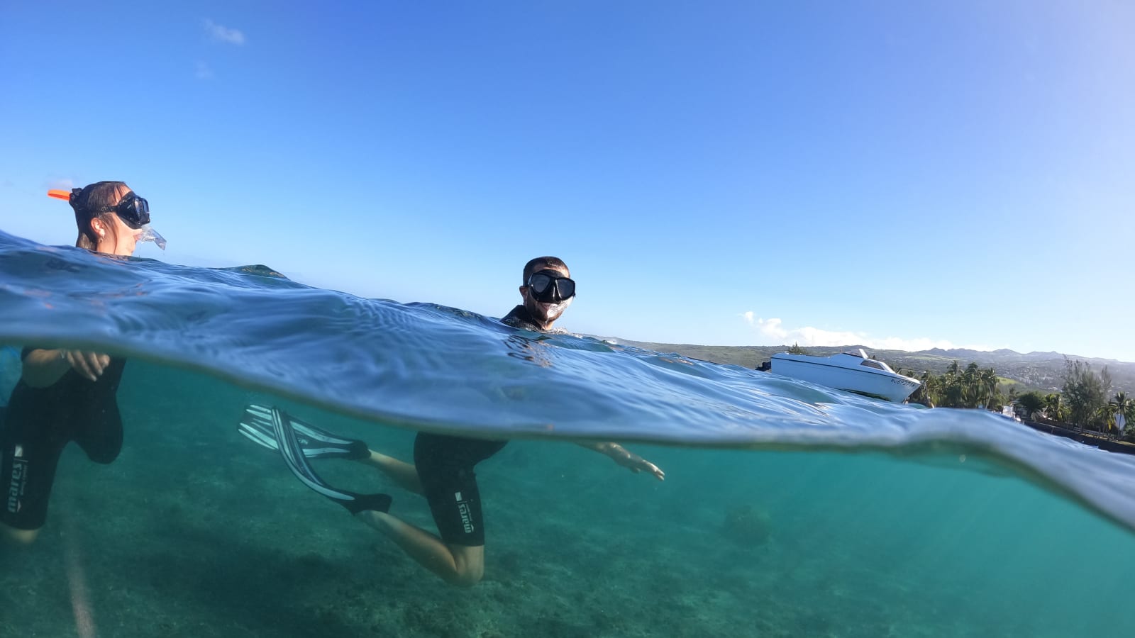 Plongeur sous-marin dans la réserve marine de L'Étang-Salé avec poissons tropicaux, La Réunion
