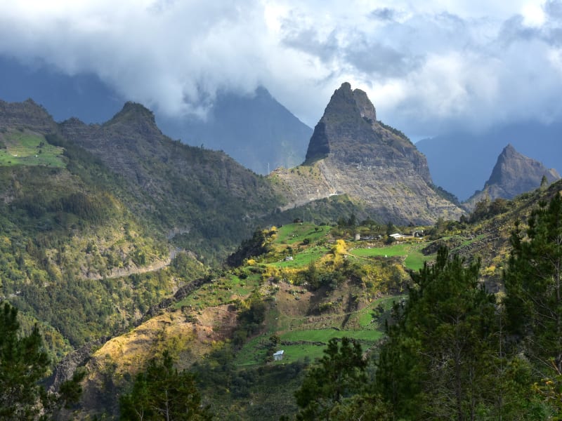 Pitons aigus sous les nuages dominant des pentes cultivées en petites parcelles vertes, forêt de cryptomérias au premier plan