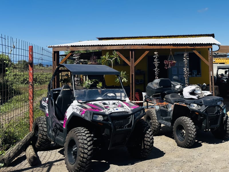Buggy Polaris et quad garés devant un abri en bois décoré de plantes, sous un ciel bleu