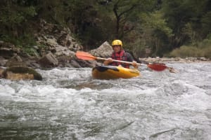 Kayak rafting down the Nive River near Biarritz