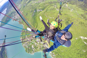 Tandem paragliding flight over Annecy Lake