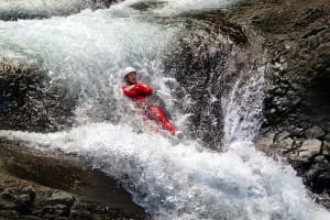 Sporty canyon of Grand Galet in the Langevin river in Saint-Joseph, Reunion Island