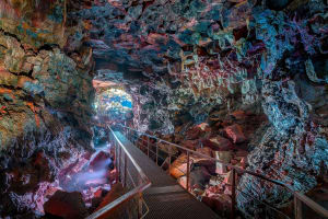 Caving in the Raufarhólshellir lava tunnel near Reykjavík