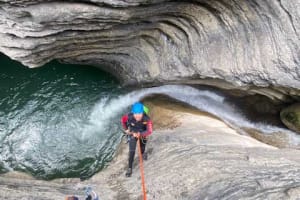 Canyoning in the Sorrosal ravine near Torla-Ordesa (Huesca) in the Aragonese Pyrenees