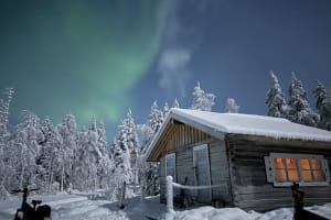 Soirée dans une cabane en rondins lapone pour observer les aurores boréales depuis Rovaniemi