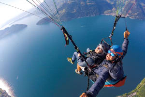 Tandem paragliding flight over Mount Rigi, near Lake Lucerne