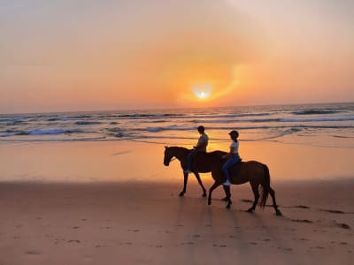 Reiten am Strand von Bordeira bei Sonnenuntergang von Carrapateira, Algarve