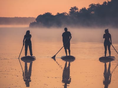Excursión en stand-up paddle al atardecer en el lago Mimizan
