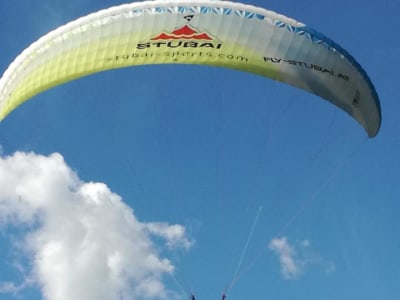 Tandem paragliding flight over Stubai Valley in Elferlifte, near Innsbruck