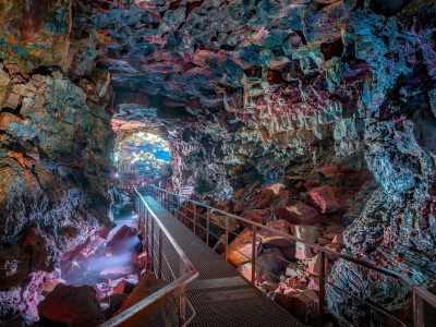 Caving in the Raufarhólshellir lava tunnel near Reykjavík