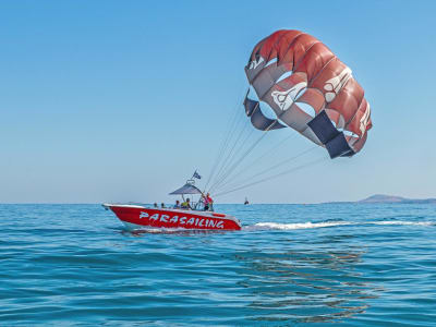 Parasaling over the Cretan coastline from Rethymno Beach