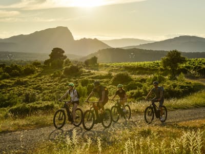 Paseo en bicicleta de montaña con puesta de sol en el Pic Saint-Loup, cerca de Montpellier