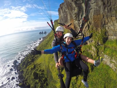 Tandem paragliding flight over Vik i Myrdal, Iceland