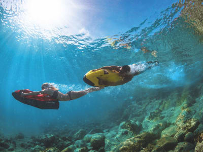 Excursión en barco por la playa y las cuevas con juguetes acuáticos de lujo en San Antonio, Ibiza