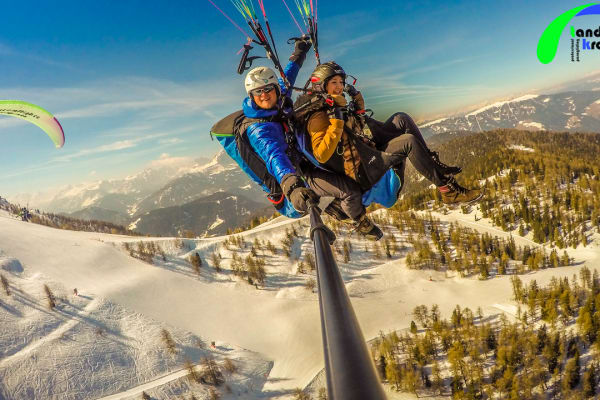 Winter Tandem Paragliding Flight from Kronplatz, Dolomites
