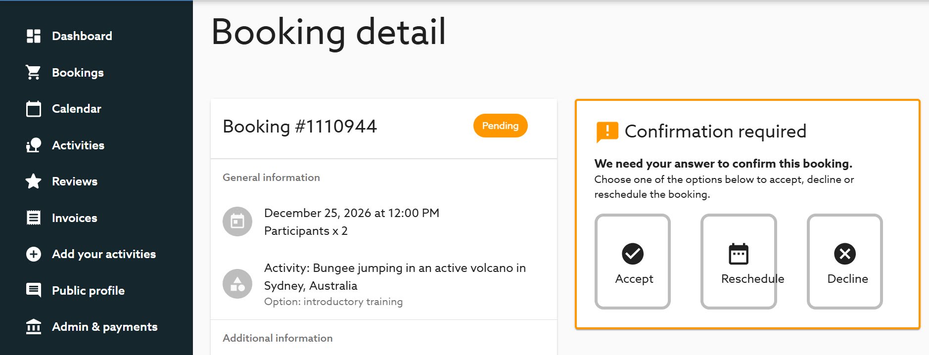 The "Confirmation required" block appears on the right of the booking detail. Three options: Accept, Reschedule, Decline.