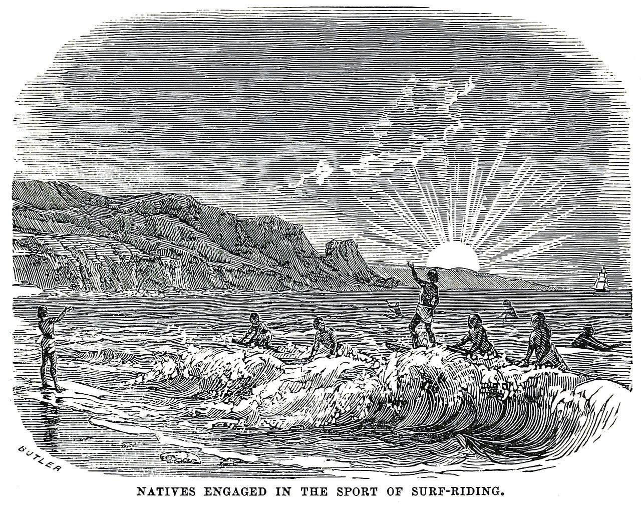 "Natives engaged in the sport of surf riding" 1858