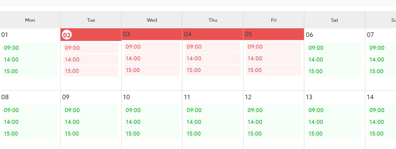 Vista del calendario: las plazas verdes están abiertas, las rojas están cerradas o limitadas. La semana del 2 al 5 de junio está bloqueada aquí.