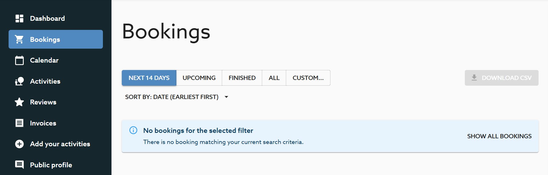 The Bookings tab with its 4 filters: Next 14 days, Upcoming, Finished, All. The Download CSV button lets you export your list for accounting purposes.