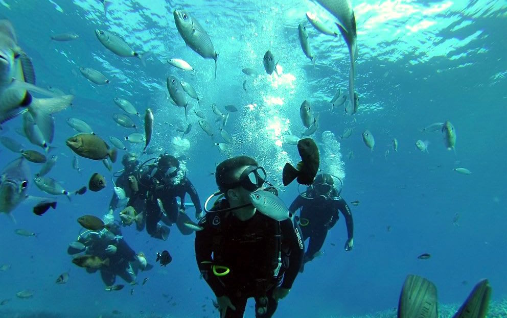 scuba diver in aktrotiri santorini