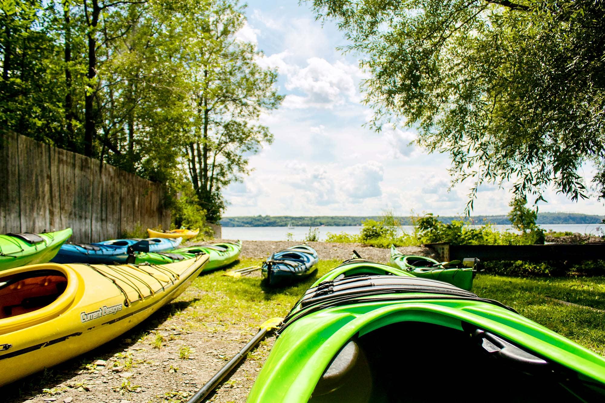 Kayaks in front of the river