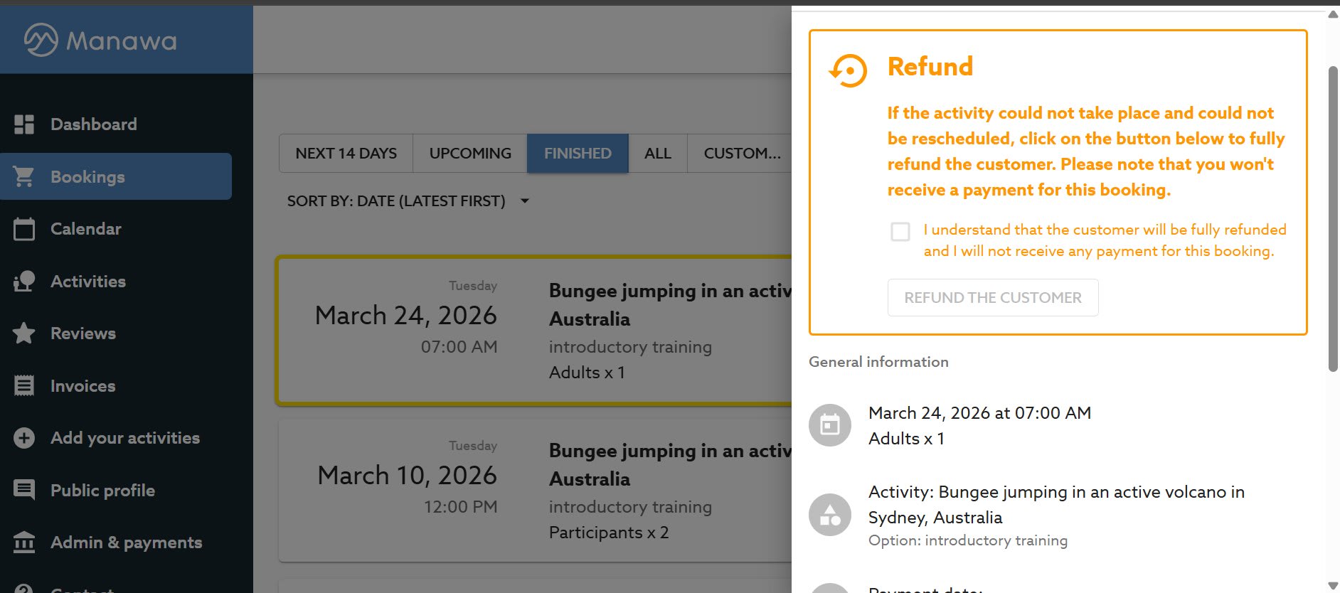 The "Refund" block in the Finished tab. The checkbox is the only safeguard before confirming, read it carefully. Once clicked, the refund is immediate and irreversible.